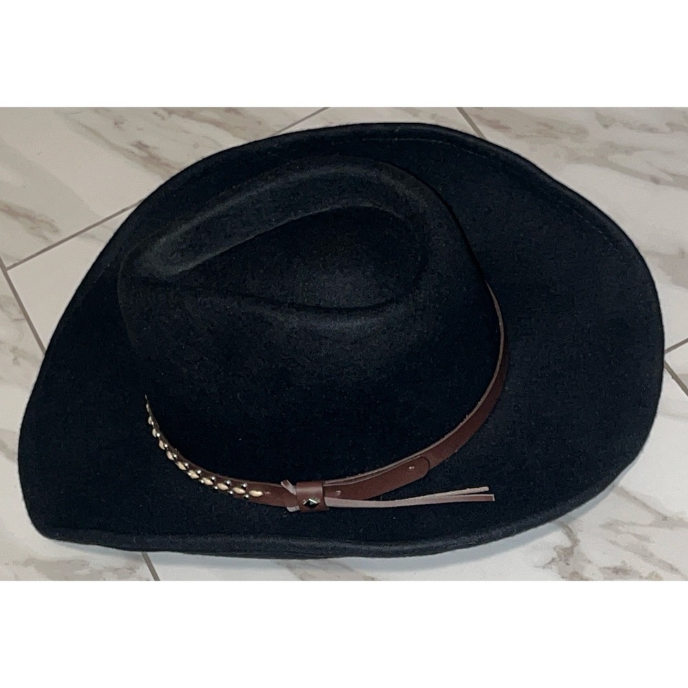 House of Harlow 1960 Black Wool Western Hat Studded Leather Band Fedora - Picture 6 of 10